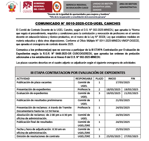 COMUNICADO N° 0010-2025-CCD-UGEL CANCHIS